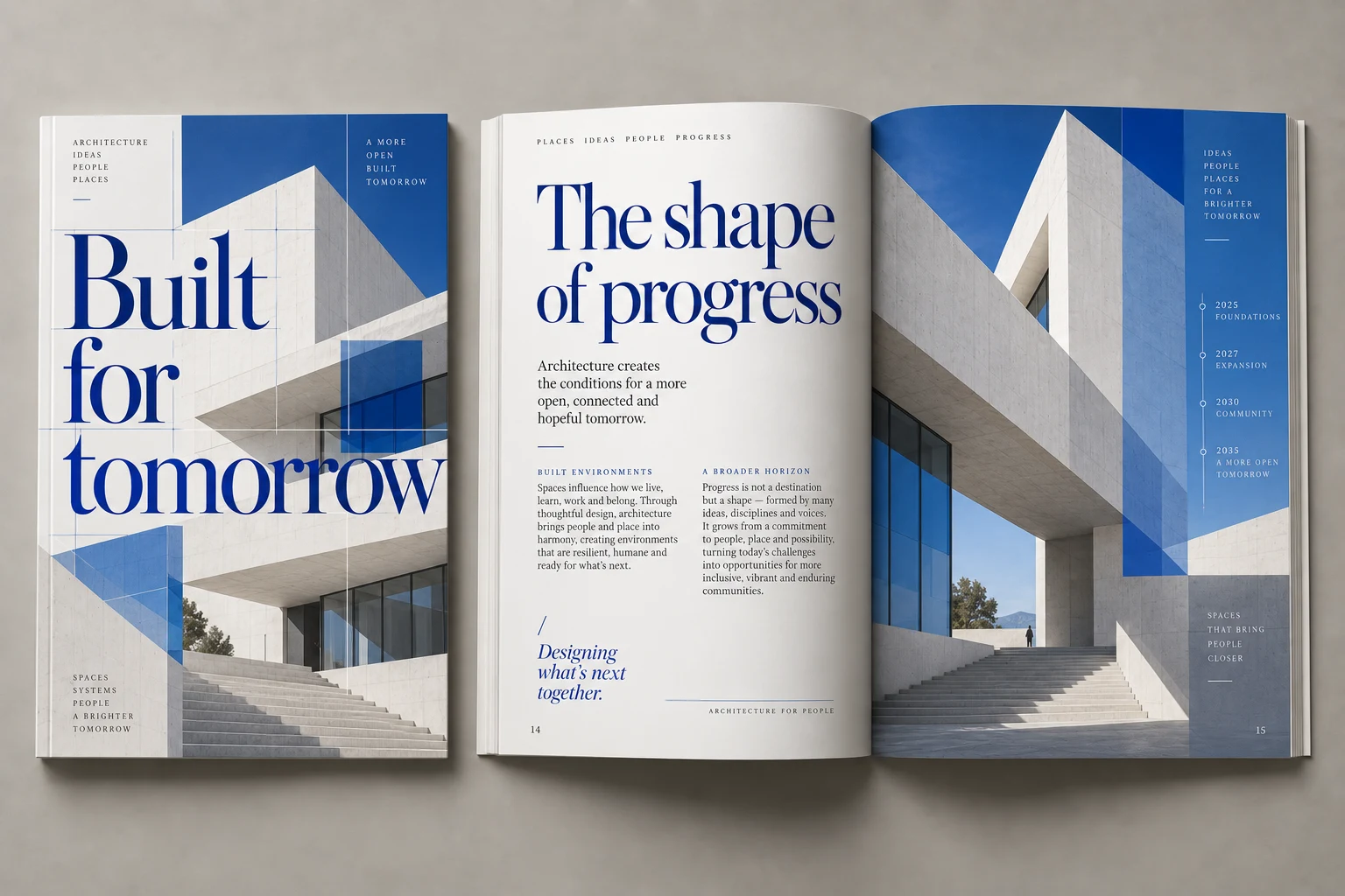 Architectural annual report concept showing typography, a building photograph and interior pages
