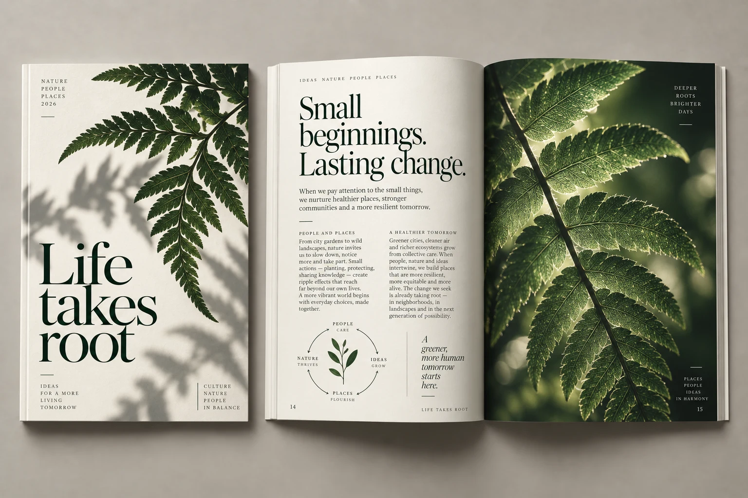 Botanical annual report concept with a cover and an interior spread on a grey background