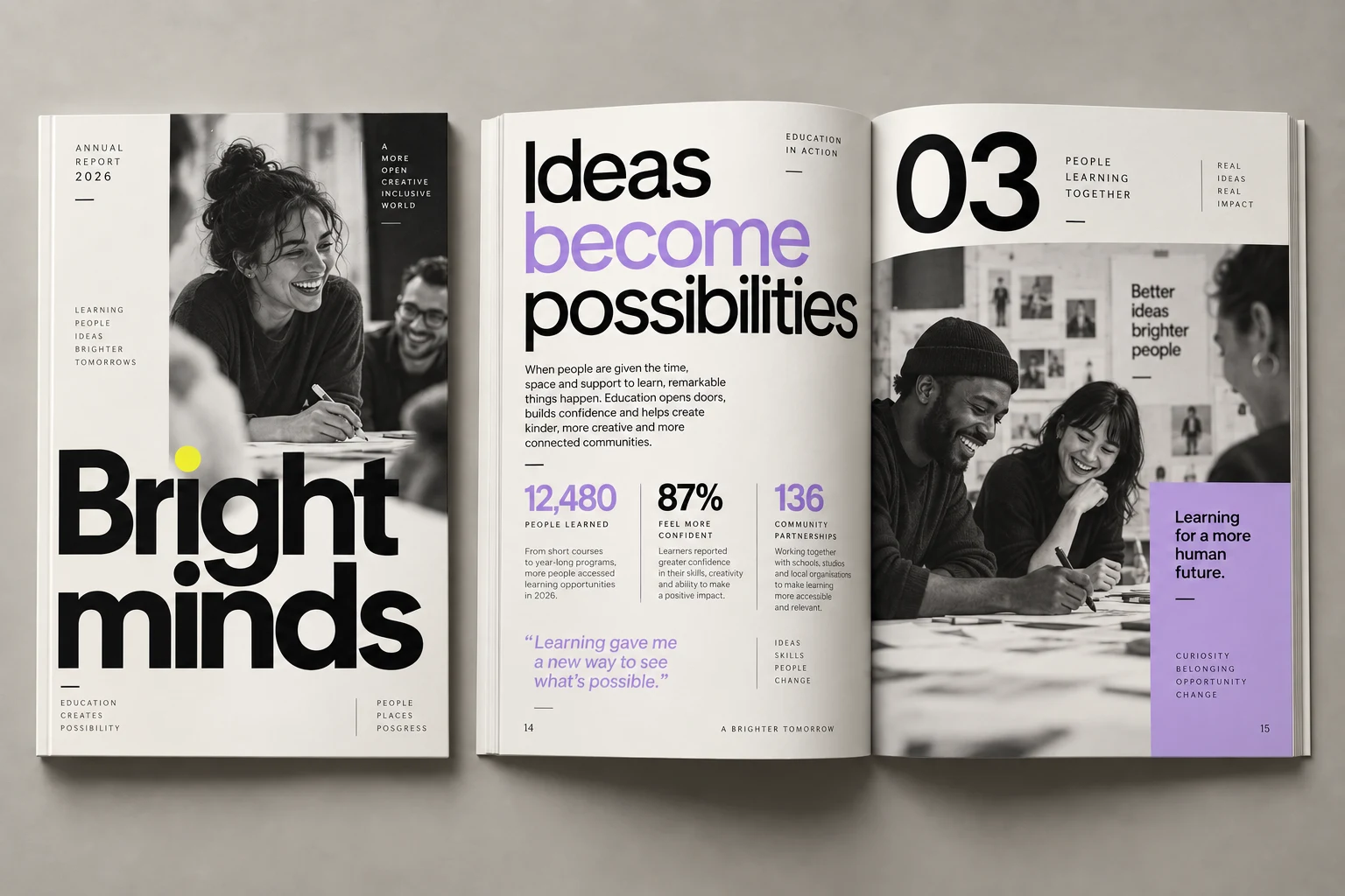 Education report concept with expressive blue typography and an open interior spread