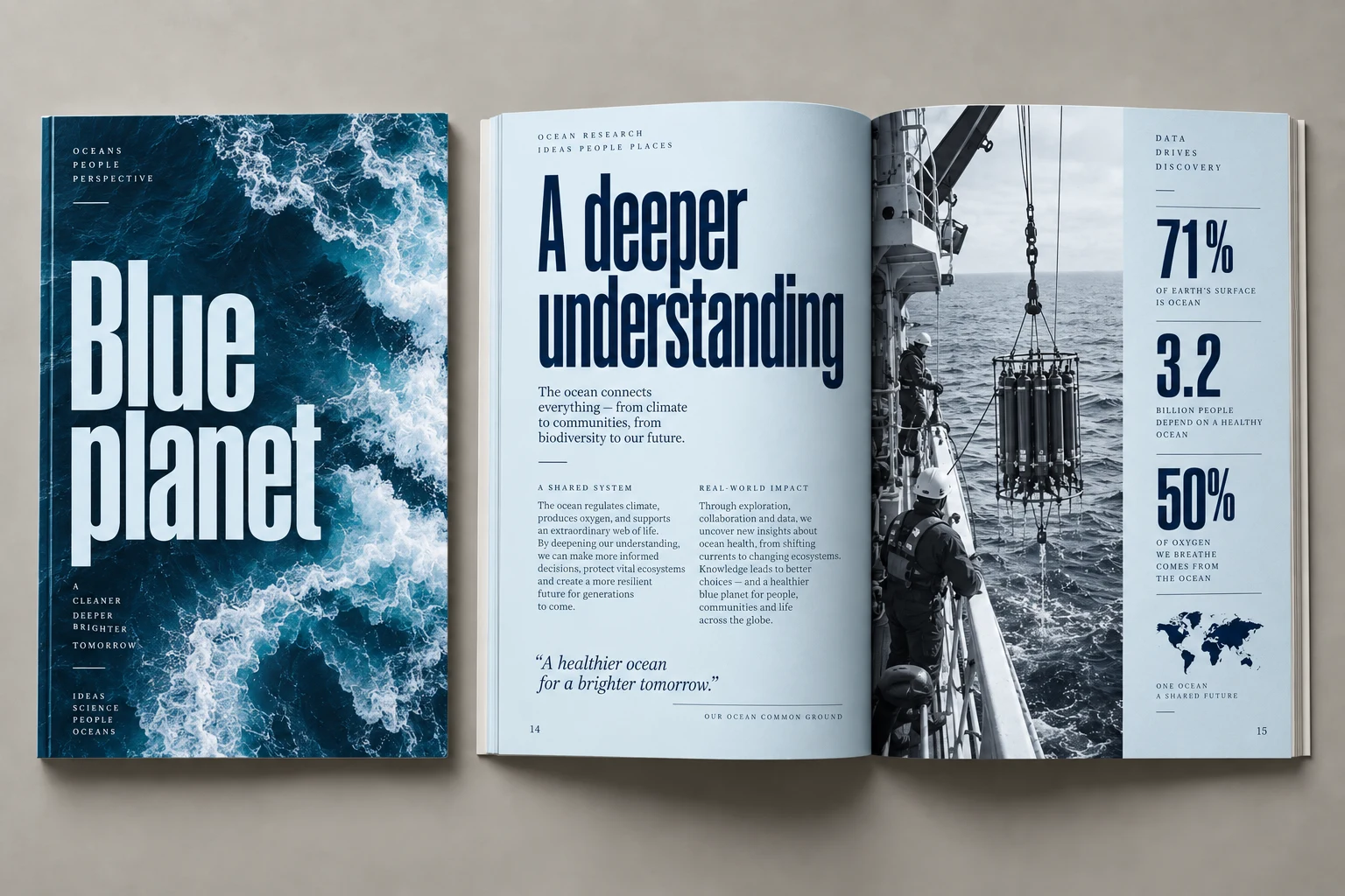 Ocean conservation report concept with a blue cover and data-led interior spread